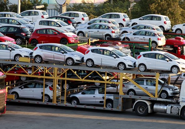 New cars are transported in a truck in Sao Bernardo do Campo