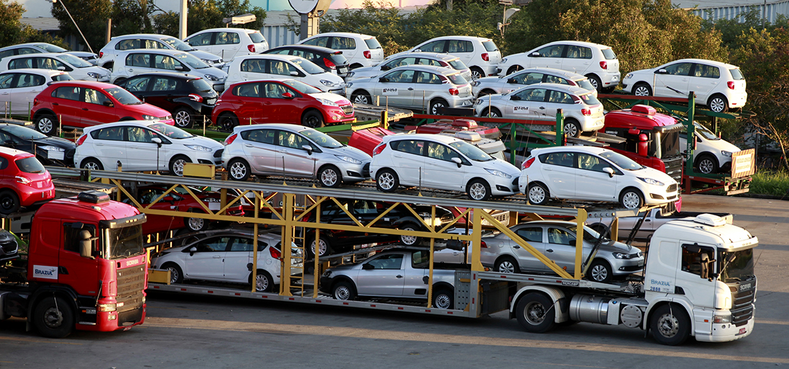 New cars are transported in a truck in Sao Bernardo do Campo